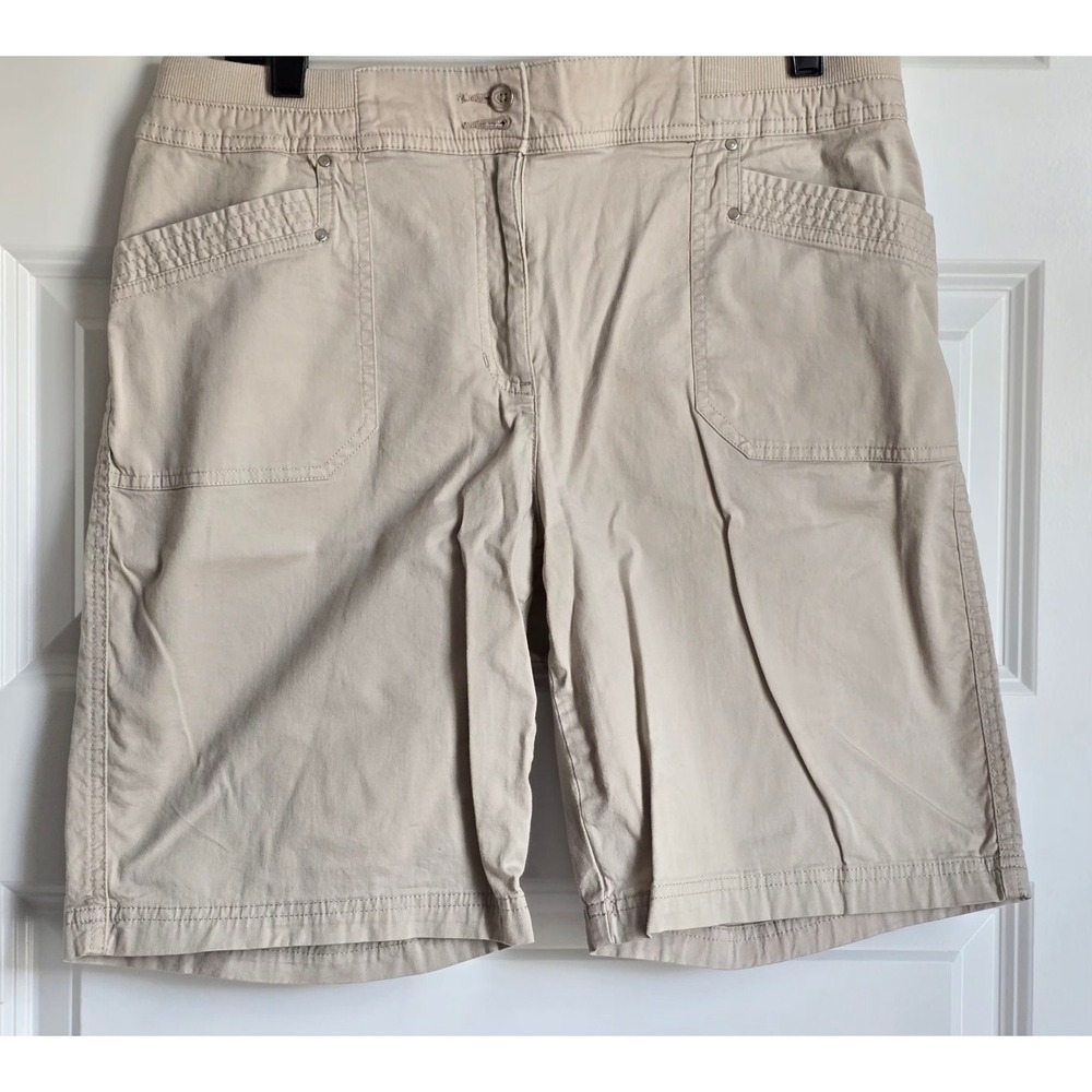 Karen Scott Womens Khaki Chino Shorts Tan Elastic Waist Cotton Blend Size 12